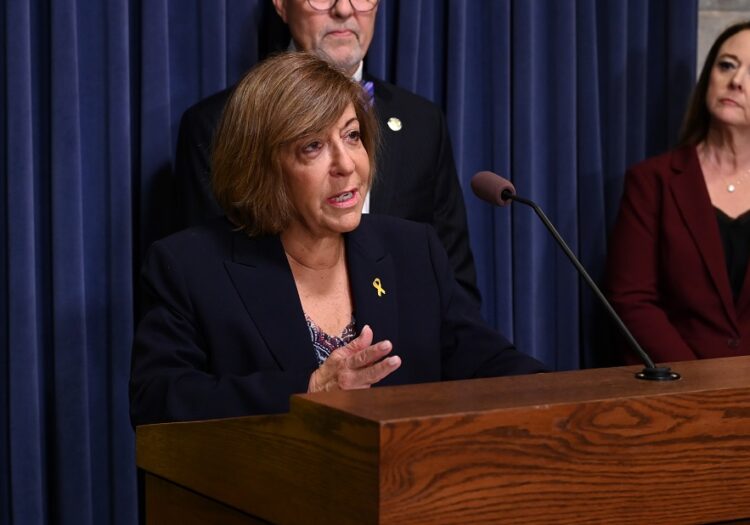Senator Feigenholtz speaks at a press conference.